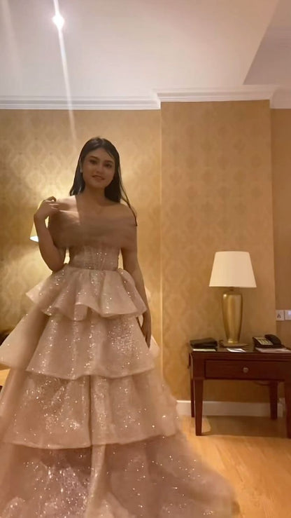 Sparkly Sweet Ball Gown Off The Shoulder Tiered Tulle Sequin Long Prom Dress,Evening Dress GG5105