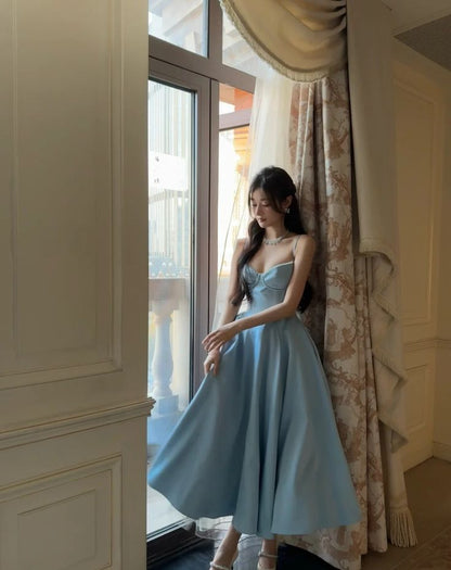 Princess Pretty A Line Spaghetti Straps Satin Long Prom Dress,Evening Dress GG5117