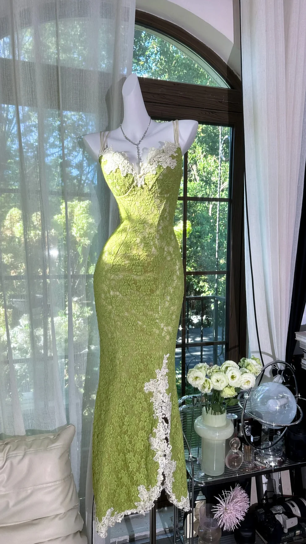 Chic Metmaid Spaghetti Straps Lace Slit Long Prom Dress,Evening Dress GG5118