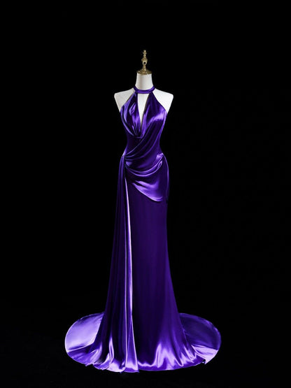 Purple Mermaid Halter Satin Long Prom Dress,Evening Dress GG5160