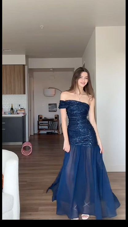 Glitter Mermaid Off The Shoulder Navy Chiffon Sequin Long Prom Dress,Evening Dress GG5199
