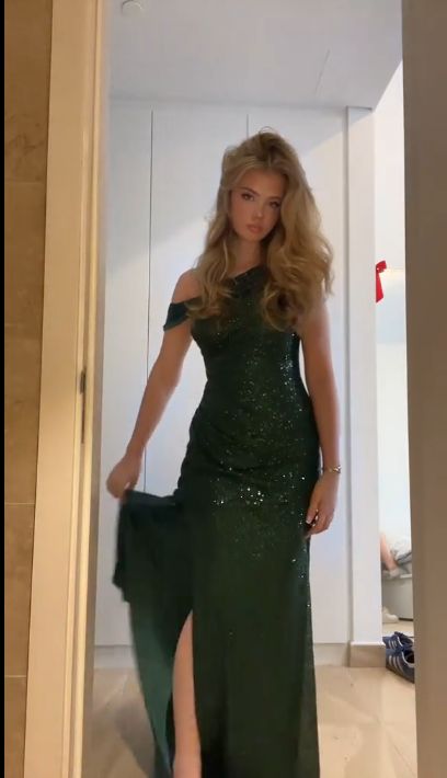 Dark Green Mermaid Off The Shoulder Sequin Slit Long Prom Dress,Evening Dress GG5201