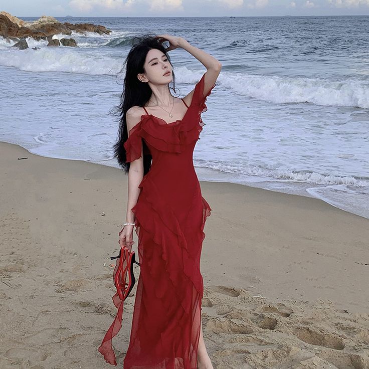 Chic Spaghetti Straps Mermaid Chiffon Ruffle Long Prom Dress,Evening Dress GG5237
