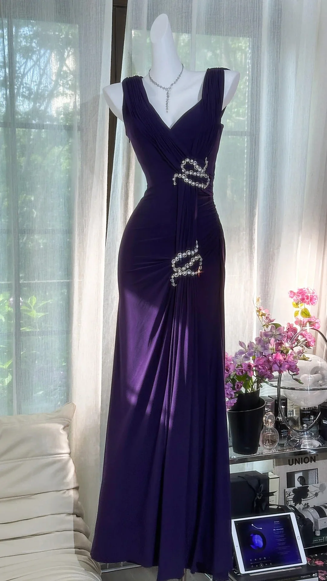 Unique Mermaid Satin Beaded Without Sleeves Long Prom Dress,Evening Dress GG5294