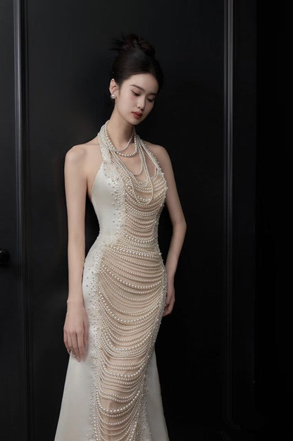 Gorgeous Mermaid Halter Satin Pearls Without Sleeves Long Prom Dress,Evening Dress GG5307