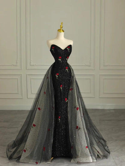 Charming Black Mermaid Strapless Sequin Tulle Without Sleeves Long Prom Dress,Evening Dress GG5341