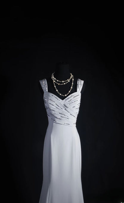 Elegant Mermaid Sweetheart White Pleated Satin Sequin Without Sleeves Long Prom Dress,Evening Dress GG5348