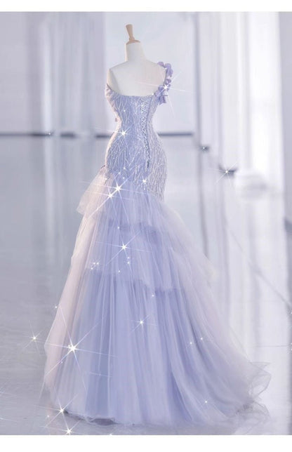 Pretty Lilac Mermaid One Shoulder Tulle Sequin Without Sleeves Long Prom Dress,Evening Dress GG5351