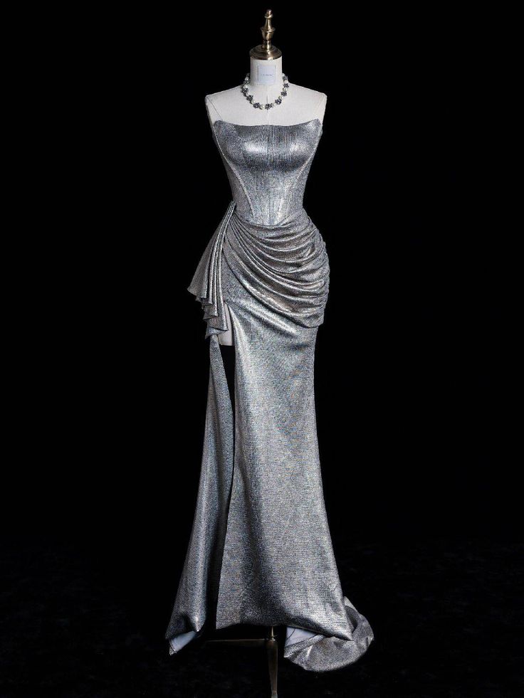 Chic Mermaid Strapless Silver Pleated Satin Slit Without Sleeves Long Prom Dress,Evening Dress GG5391