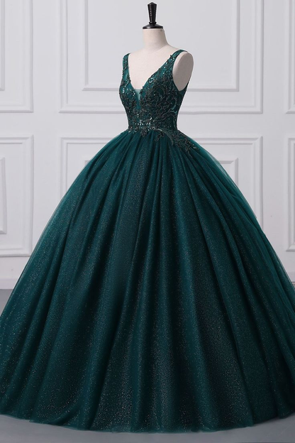 Ball Gown V Neck Tulle Sequin Lace Without Sleeves Long Prom Dress,Evening Dress GG5407