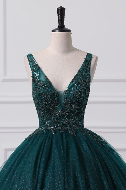 Ball Gown V Neck Tulle Sequin Lace Without Sleeves Long Prom Dress,Evening Dress GG5407