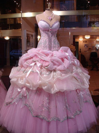 Pink Ball Gown Sweetheart Tulle Lace Without Sleeves Long Prom Dress,Evening Dress GG5449