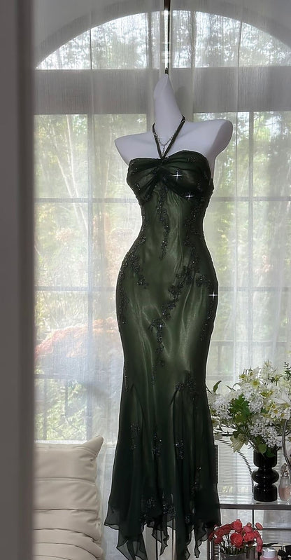Chic Mermaid Halter Chiffon Beaded Without Sleeves Long Prom Dress,Evening Dress GG5455