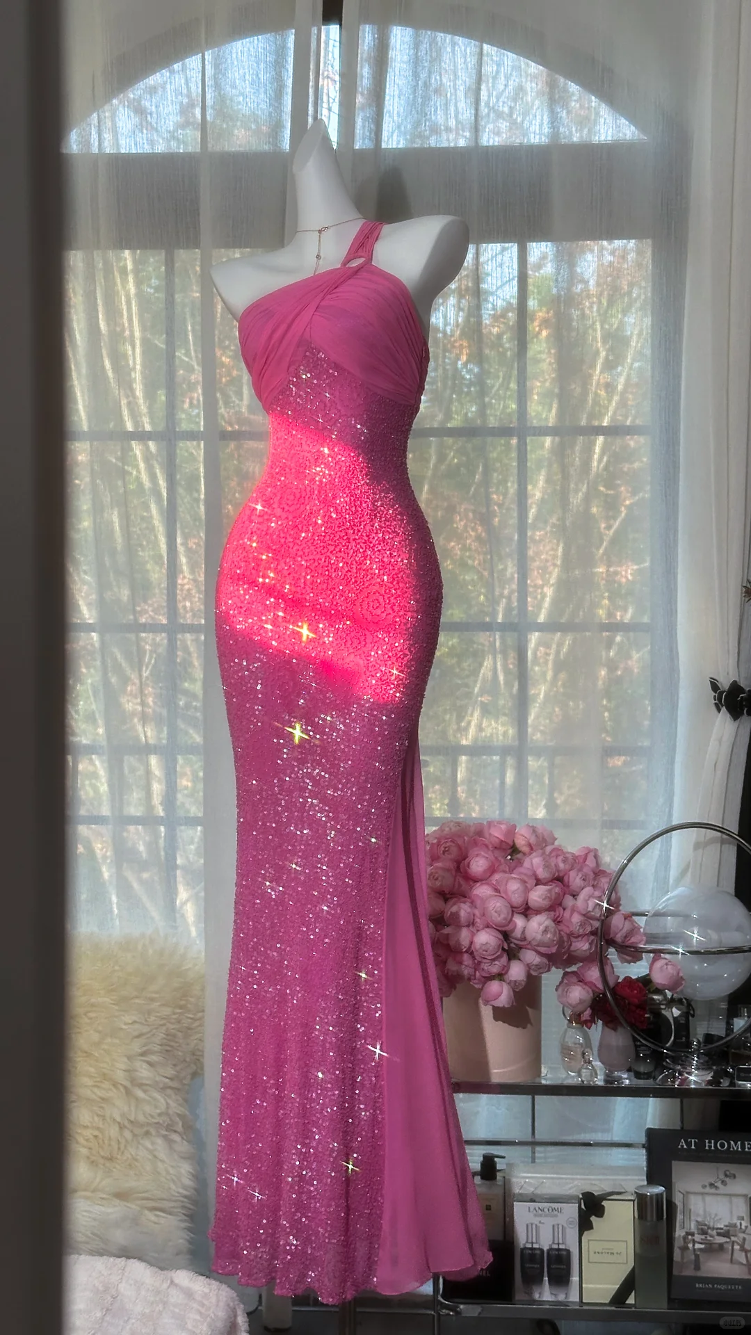 Pink Vintage Sheath One Shoulder Beaded Chiffon Prom Dress SH5178