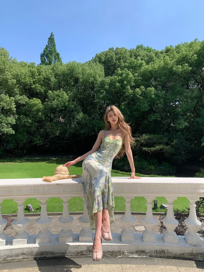 Elegant A Line Spaghetti Strap Green Print Floral Chiffon Prom Dress Evening Dress SH4482
