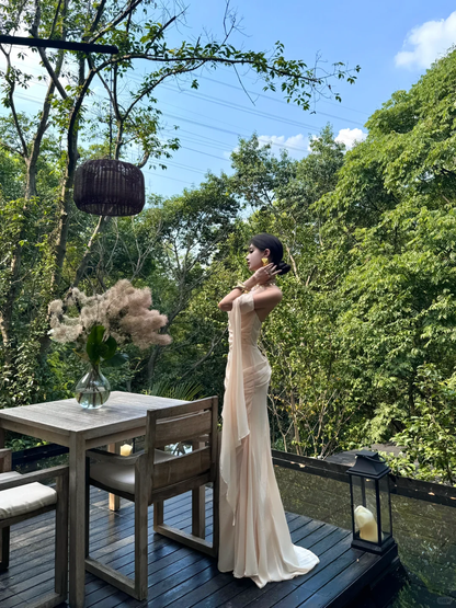 Apricot Mermaid Spaghetti Strap Chiffon Prom Dress Evening Dress Date Dress SH4907