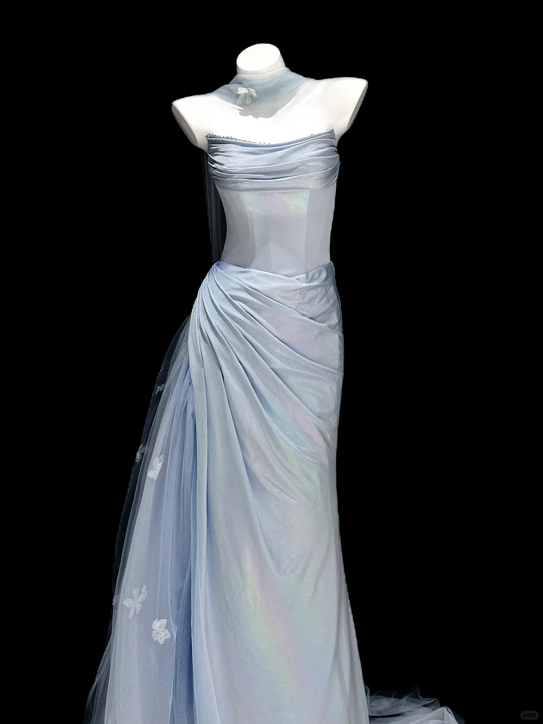 Blue Simple A Line Strapless Satin Tulle Long Prom Dress SH5003