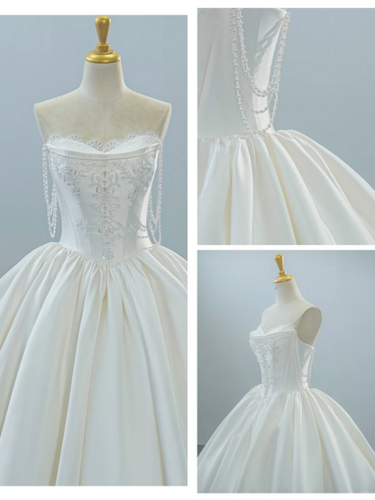 formaldressy-White satin long elegant tulle wedding prom dress gh5435