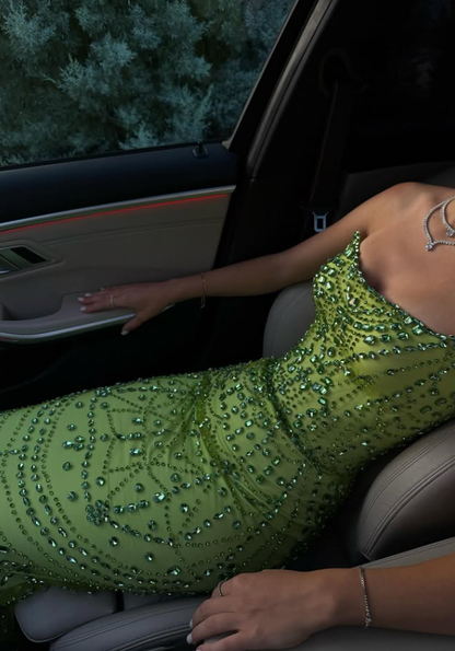Green Sheath Strapless Rhinestone Tulle Prom Dress Evening Dress SH4545