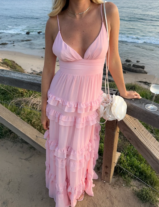 Simple Pink A Line Spaghetti Strap Layered Chiffon Open Back Date Dress Outfits SH3883