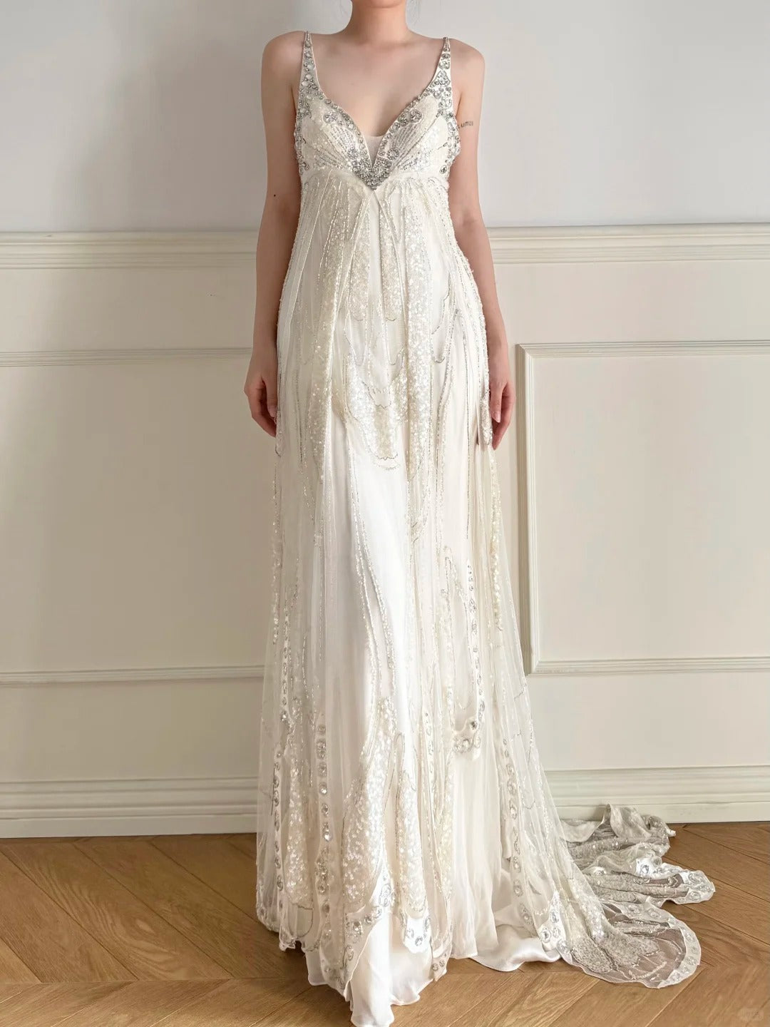 formaldressy-Ivory White Long Beaded Sequin Chiffon Prom Dress Evening Dress Party Dress gh5244