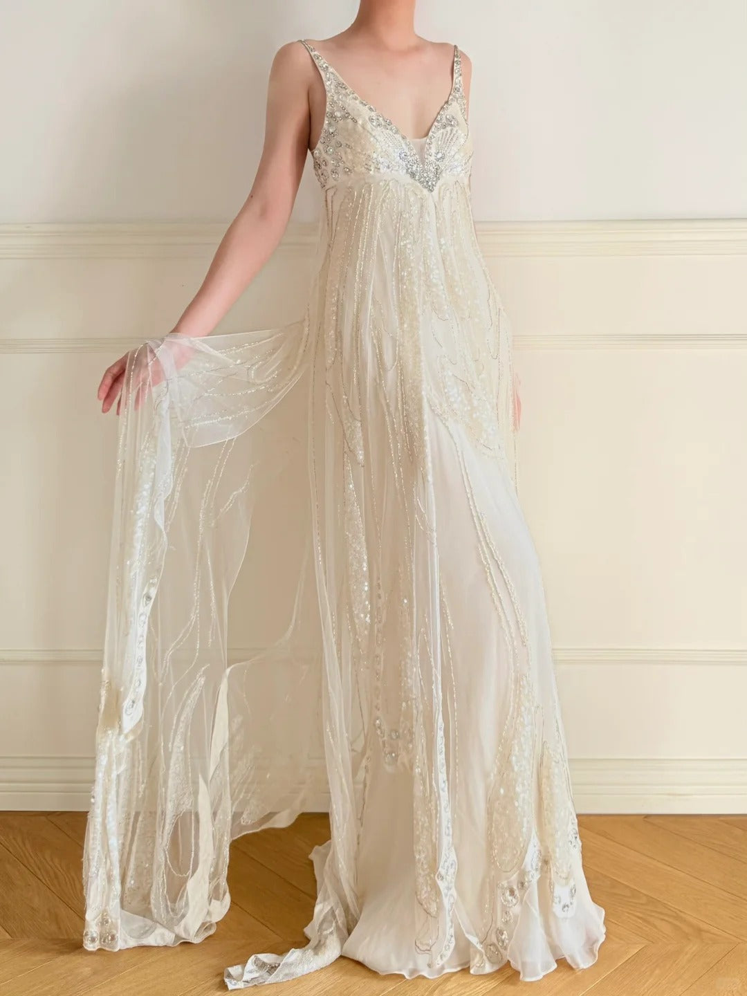 formaldressy-Ivory White Long Beaded Sequin Chiffon Prom Dress Evening Dress Party Dress gh5244