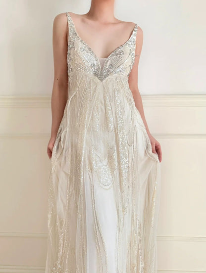formaldressy-Ivory White Long Beaded Sequin Chiffon Prom Dress Evening Dress Party Dress gh5244