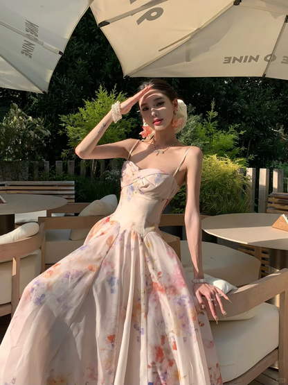 Gentle Pink A Line Spaghetti Strap Print Floral Satin Prom Dress Party Dresses SH4599