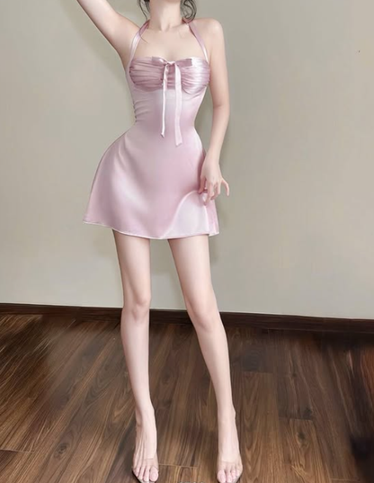 Sexy Pink A Line Halter Satin Short Open Back Homecoming Dress SH4787