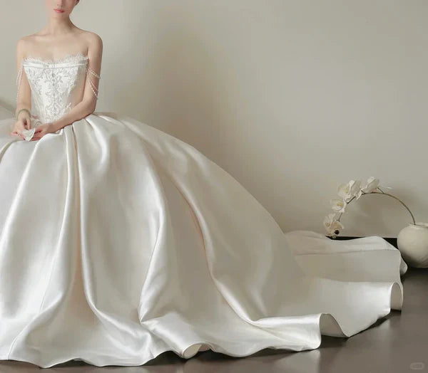 formaldressy-White satin long elegant tulle wedding prom dress gh5435
