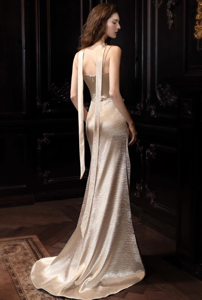 Champagne A Line Spaghetti Strap Pleated Satin Prom Dress Party Dress SH4140