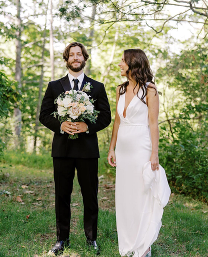 Simple Sheath V Neck White Satin Open Back Wedding Dresses SH4705
