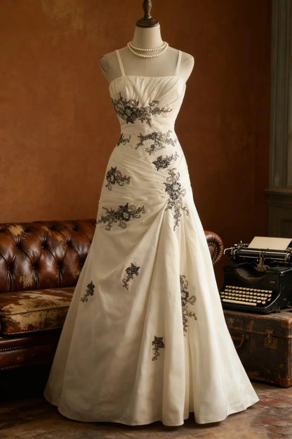 formaldressy-wedding dress Sleeveless White Embroidered  tulle  Train A - line dress, Retro Elegant Evening Dress  gh5829