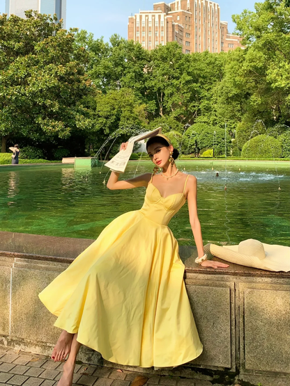 Yellow A Line Spaghetti Strap Satin Prom Dress 16th Birthday Dress SH4462