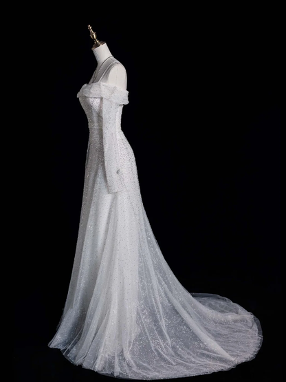 Silver Sequin A Line Long Sleeve White Tulle Wedding Dress Prom Dress SH4113