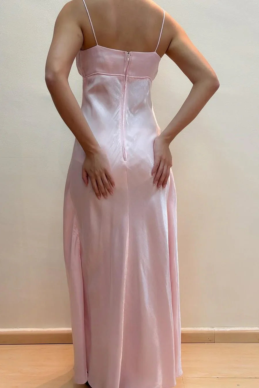 formaldressy-- Fairy dress pink A-line spaghetti strap high waist sleeveless long satin ball gown gh5724