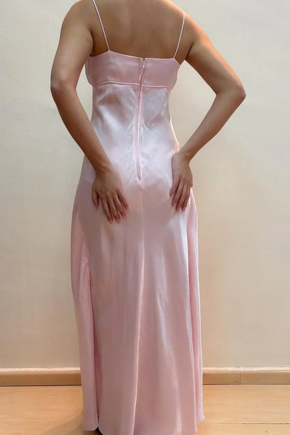 formaldressy-- Fairy dress pink A-line spaghetti strap high waist sleeveless long satin ball gown gh5724