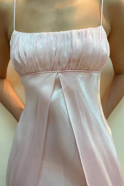 formaldressy-- Fairy dress pink A-line spaghetti strap high waist sleeveless long satin ball gown gh5724