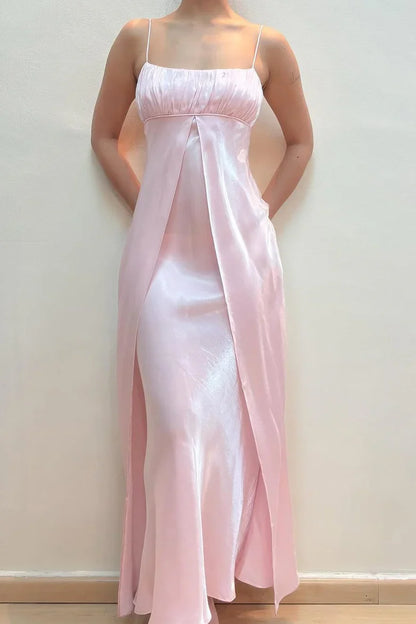 formaldressy-- Fairy dress pink A-line spaghetti strap high waist sleeveless long satin ball gown gh5724
