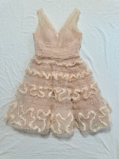 formaldressy-Nude Pink Tulle Sleeveless Midi Dress with Sequins and 3D Textured Patterns gh6312