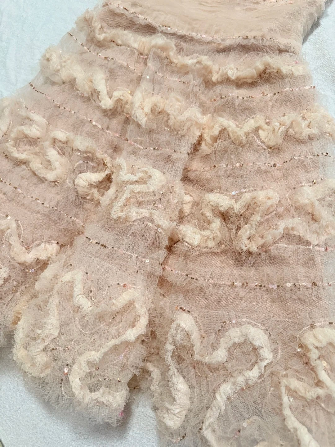 formaldressy-Nude Pink Tulle Sleeveless Midi Dress with Sequins and 3D Textured Patterns gh6312