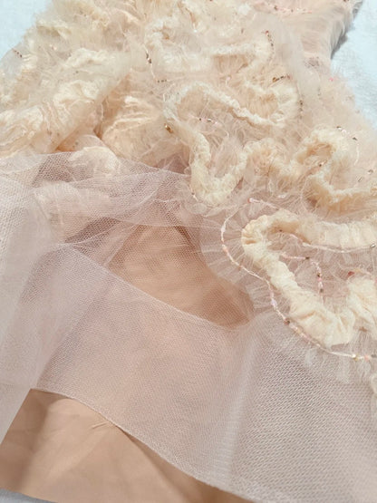 formaldressy-Nude Pink Tulle Sleeveless Midi Dress with Sequins and 3D Textured Patterns gh6312