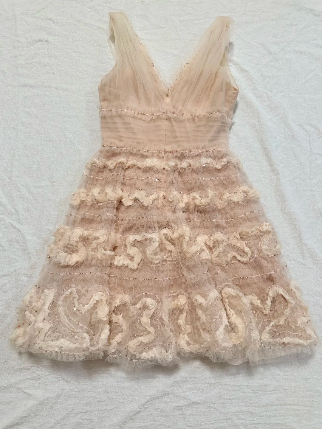 formaldressy-Nude Pink Tulle Sleeveless Midi Dress with Sequins and 3D Textured Patterns gh6312