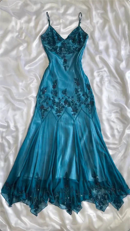Vintage-Inspired Prom Dresses Under $180_©µGothic Spaghetti Straps Blue Satin Chiffon Sheath Evening Dress with Beading ED01891