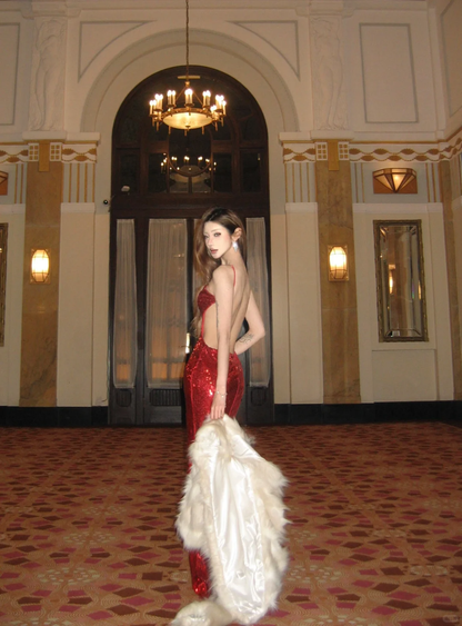 Sexy Red Sheath Halter Sequin Open Back Prom Dress Party Dresses SH4598