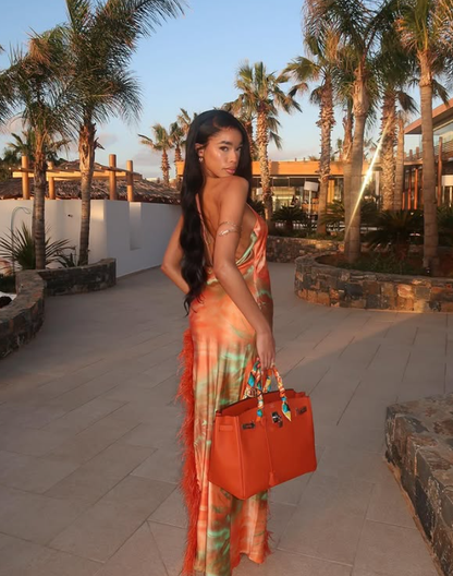 Orange Sheath Spaghetti Strap Feather Satin Prom Dress Vacation Dress with Slit SH4492