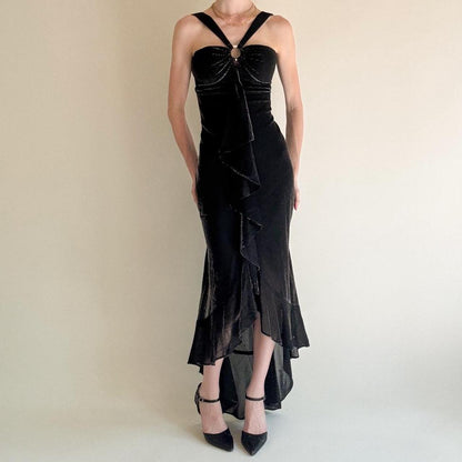 formaldressy--Black Ruffled Long Chiffon Prom Dress Graduation Dress gh5646