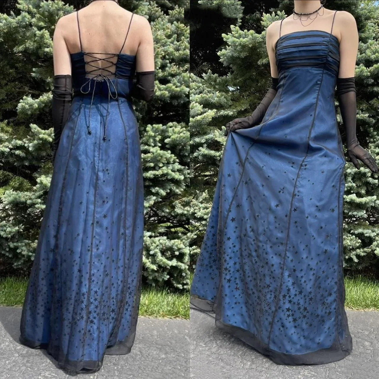 formaldressy--Navy blue vintage elegant long chiffon star prom dress party dress gh5504