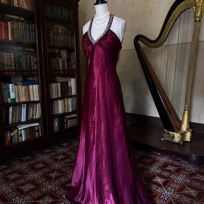 formaldressy--Vintage Burgundy wine red long satin fairy dress prom dress gh5542