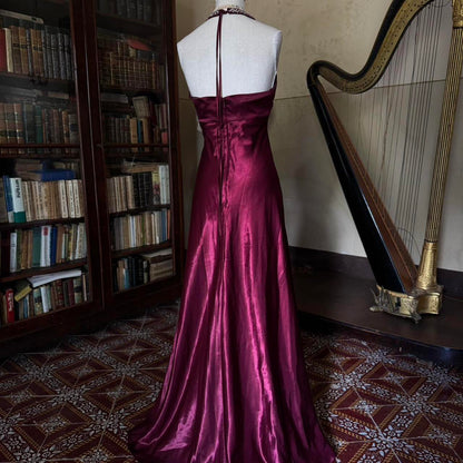 formaldressy--Vintage Burgundy wine red long satin fairy dress prom dress gh5542